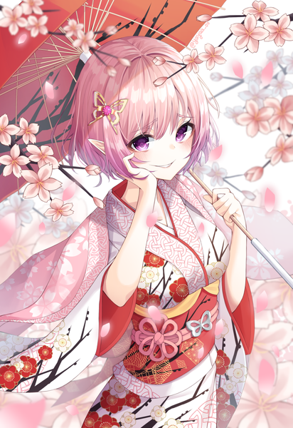 Anime picture 1000x1456 with maplestory lucid (maplestory) yaya (yayaa 00) single tall image looking at viewer fringe short hair breasts smile hair between eyes standing purple eyes holding signed pink hair traditional clothes parted lips japanese clothes pointy ears