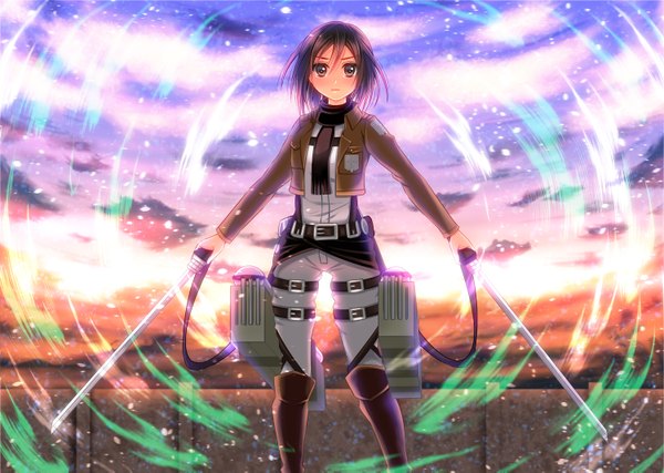 Anime picture 1500x1069 with shingeki no kyojin production i.g mikasa ackerman yuzukaze rio single looking at viewer short hair black hair holding brown eyes cloud (clouds) open clothes open jacket dual wielding girl weapon sword boots belt scarf