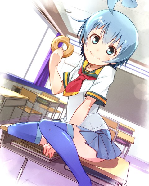 Anime picture 1000x1250 with medaka box gainax shiranui hansode pmpmpm single tall image looking at viewer blush fringe short hair smile sitting holding blue hair ahoge pleated skirt aqua eyes classroom food on face girl