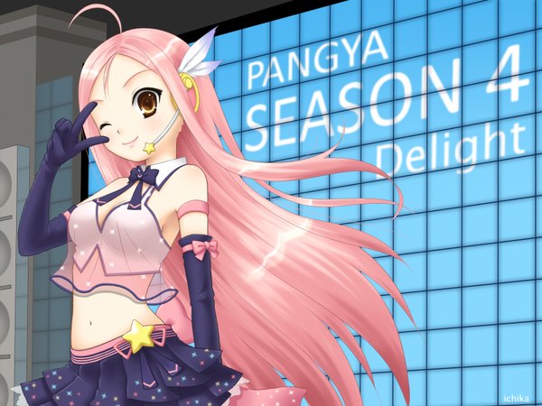 Anime picture 1600x1200 with pangya lucia long hair blush brown eyes pink hair one eye closed wink wallpaper skirt ribbon (ribbons) star (symbol)