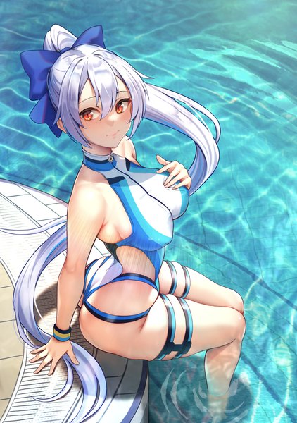 Anime picture 2079x2953 with fate (series) fate/grand order tomoe gozen (fate) tomoe gozen (swimsuit saber) (fate) solar (happymonk) single tall image blush fringe highres breasts light erotic hair between eyes red eyes large breasts sitting payot looking away silver hair outdoors