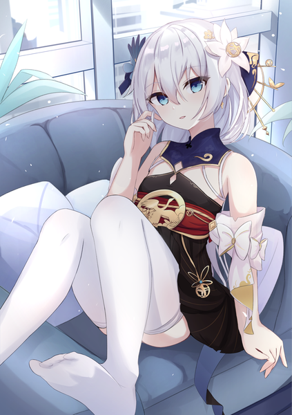 Anime picture 1416x2006 with honkai impact 3rd honkai (series) theresa apocalypse theresa apocalypse (starlit astrologos) zhuge kongming (honkai impact) touhourh single long hair tall image fringe open mouth blue eyes hair between eyes bare shoulders payot silver hair full body bent knee (knees) indoors head tilt