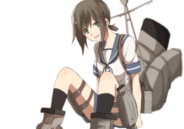 Anime picture 1200x842 with kantai collection fubuki destroyer tsukamoto minori single looking at viewer short hair open mouth black hair simple background smile white background sitting green eyes ponytail girl socks black socks sailor suit