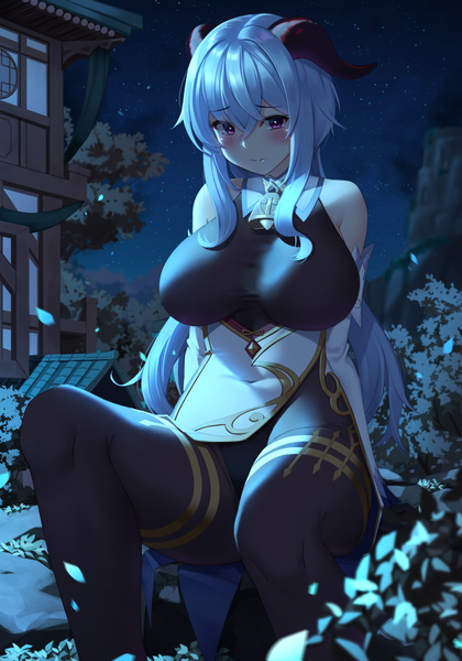 Anime picture 1000x1429 with genshin impact ganyu (genshin impact) maemi (maemi12) single long hair tall image blush fringe breasts light erotic hair between eyes large breasts sitting purple eyes bare shoulders blue hair looking away horn (horns) night arm support