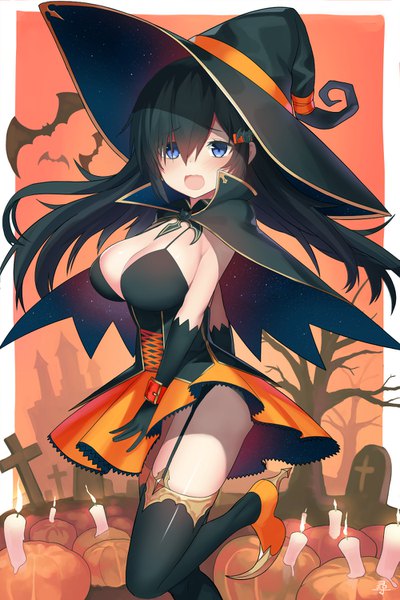 Anime picture 1000x1500 with original ccaw single long hair tall image looking at viewer blush breasts open mouth blue eyes light erotic black hair halloween witch girl thighhighs dress gloves black thighhighs hat