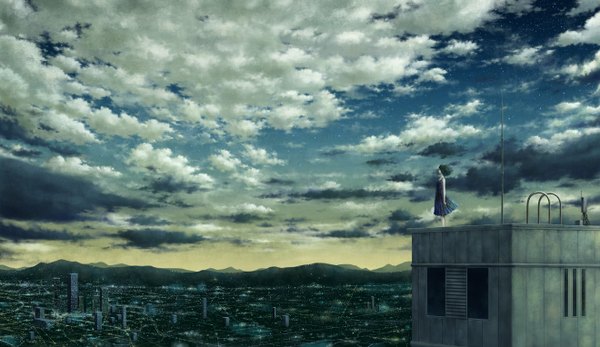 Anime picture 1320x764 with original fuumi (kazami) single wide image standing bare shoulders cloud (clouds) green hair wind city cityscape mountain girl dress window building (buildings) star (stars) blue dress