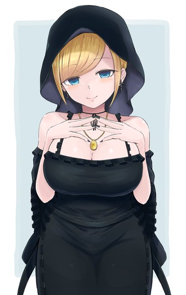 Anime picture 1677x2656 with shinigami bocchan to kuro maid alice (shinigami bocchan to kuro maid) temari rin single tall image looking at viewer fringe short hair breasts blue eyes light erotic simple background blonde hair smile large breasts standing bare shoulders nail polish border outside border