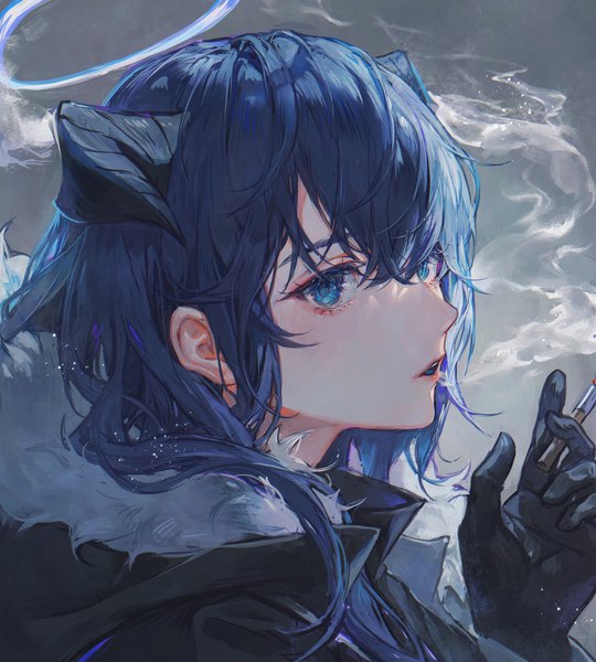 Anime picture 1800x2000 with arknights mostima (arknights) maccha (mochancc) single long hair tall image fringe highres open mouth blue eyes hair between eyes blue hair horn (horns) grey background fur trim portrait smoke smoking girl gloves