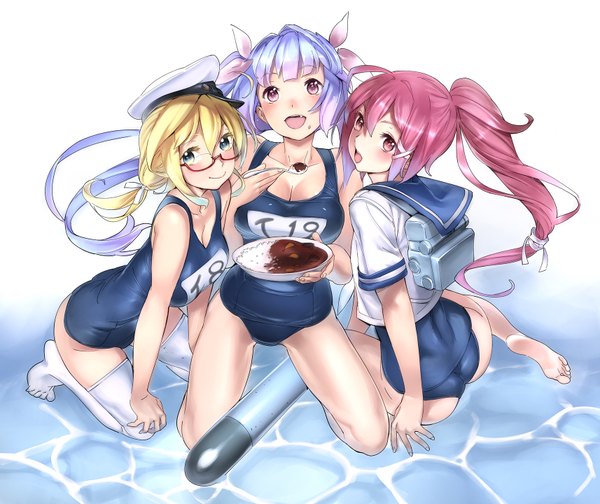 Anime picture 1713x1440 with kantai collection i-19 submarine i-168 submarine i-8 submarine nishieda long hair looking at viewer blush highres breasts open mouth blue eyes light erotic blonde hair smile large breasts purple eyes twintails bare shoulders multiple girls