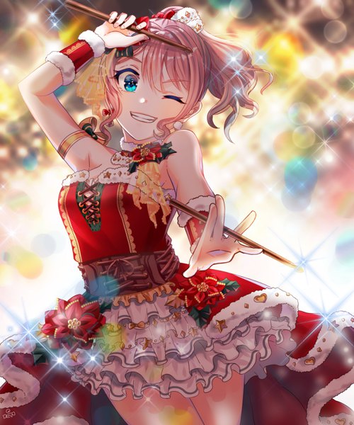 Anime picture 750x900 with bang dream! yamabuki saaya dew (dltmf2266) single tall image looking at viewer short hair blue eyes brown hair ponytail one eye closed wink sparkle christmas girl dress drumsticks