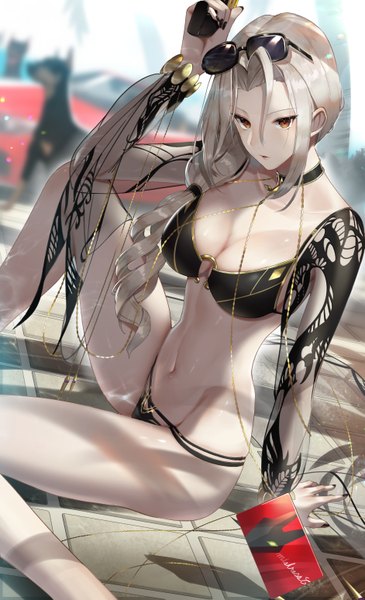 Anime picture 1882x3094 with fate (series) fate/grand order carmilla (fate) carmilla (swimsuit rider) (fate) scottie (phantom2) single long hair tall image looking at viewer fringe highres breasts light erotic hair between eyes large breasts sitting holding brown eyes payot cleavage