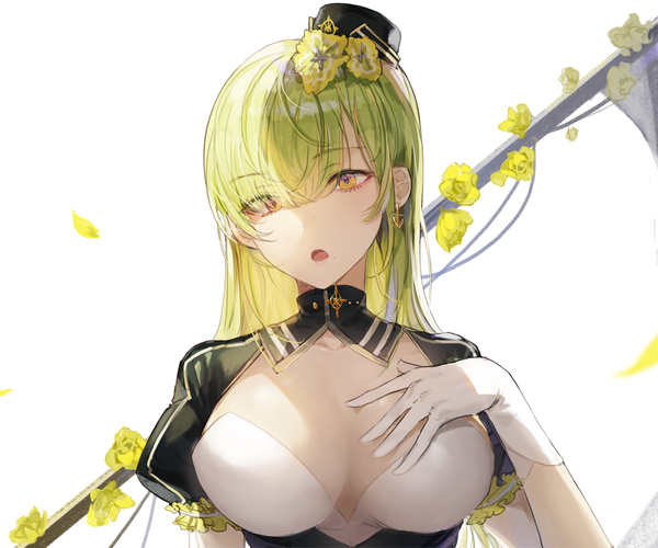 Anime picture 1000x834 with original kim eb single long hair looking at viewer fringe breasts open mouth light erotic simple background large breasts white background yellow eyes cleavage upper body green hair mole :o puffy sleeves hand on chest