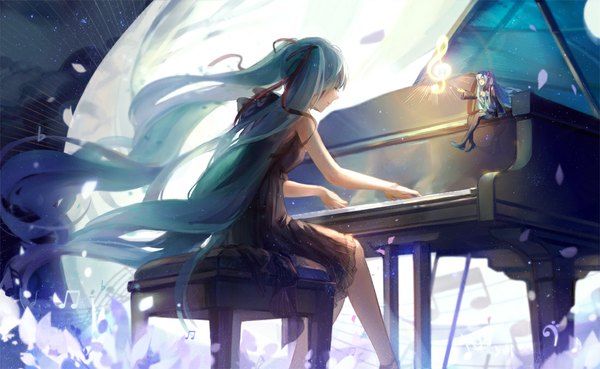 Anime picture 1100x678 with vocaloid hatsune miku achyue wide image sitting twintails multiple girls very long hair aqua hair dual persona playing instrument minigirl girl dress ribbon (ribbons) 2 girls hair ribbon petals boots black dress