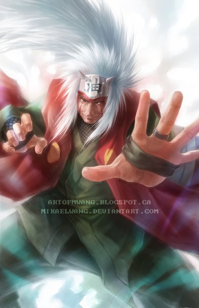 Anime picture 3300x5100 with naruto studio pierrot naruto (series) jiraiya mikaelwang single long hair tall image highres smile white background brown eyes absurdres white hair traditional clothes japanese clothes realistic facial mark boy kimono