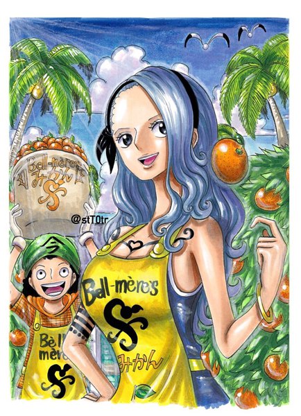 Anime picture 852x1176 with one piece toei animation nojiko chabo (one piece) stt0tr long hair tall image short hair breasts open mouth blue eyes black hair smile large breasts standing bare shoulders holding signed payot blue hair