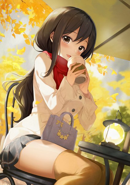 Anime picture 827x1169 with original azuki yui single long hair tall image looking at viewer blush fringe open mouth black hair hair between eyes sitting brown eyes payot outdoors long sleeves pleated skirt dutch angle plaid skirt autumn