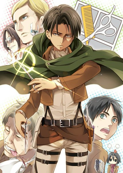 Anime picture 765x1070 with shingeki no kyojin production i.g mikasa ackerman eren yaeger levi (rivaille) hange zoe erwin smith oruo bozado eretto tall image short hair open mouth black hair simple background blonde hair green eyes looking away eyes closed light smile black eyes