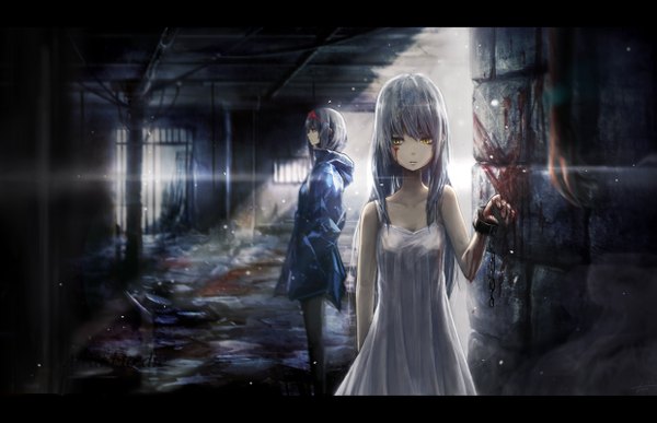 Anime picture 1239x800 with original toi (number8) long hair fringe breasts standing multiple girls yellow eyes looking away profile grey hair sunlight dark background hand in pocket girl dress 2 girls pantyhose hairband hood
