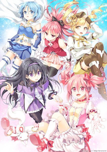 Anime picture 847x1200 with mahou shoujo madoka magica shaft (studio) akemi homura kaname madoka sakura kyouko miki sayaka tomoe mami kyuubee trianon long hair tall image fringe short hair open mouth blue eyes black hair blonde hair hair between eyes twintails purple eyes