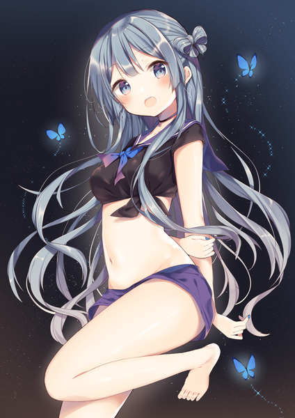 Anime picture 2026x2865 with original shiino sera (gelatin) single long hair tall image looking at viewer blush fringe highres breasts open mouth blue eyes simple background smile hair between eyes standing payot blue hair full body bent knee (knees)