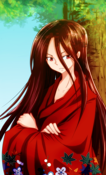 Anime picture 726x1200 with shaman king xebec asakura hao hao-hime single long hair tall image red eyes brown hair sky traditional clothes japanese clothes coloring crossed arms boy plant (plants) tree (trees) kimono