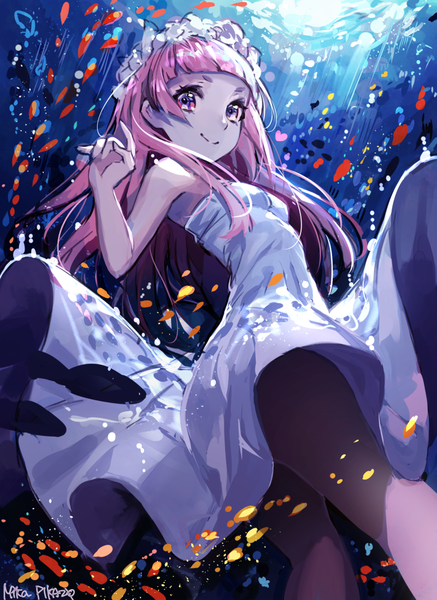Anime picture 800x1097 with original mika pikazo single long hair tall image looking at viewer signed pink hair pink eyes from below underwater girl dress hair ornament animal pantyhose white dress sundress fish (fishes)