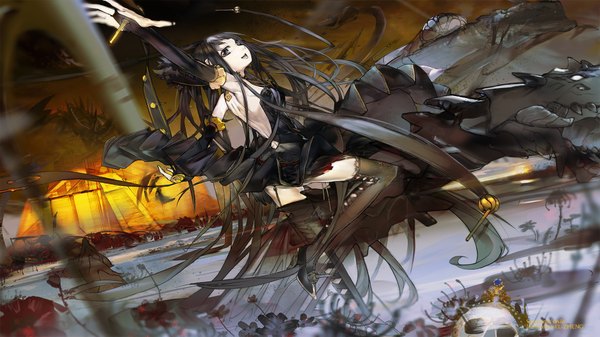 Anime picture 1920x1080 with fate (series) fate/stay night studio deen type-moon semiramis (fate) assassin of red el-zheng single highres open mouth black hair wide image very long hair black eyes back girl thighhighs dress black thighhighs skull
