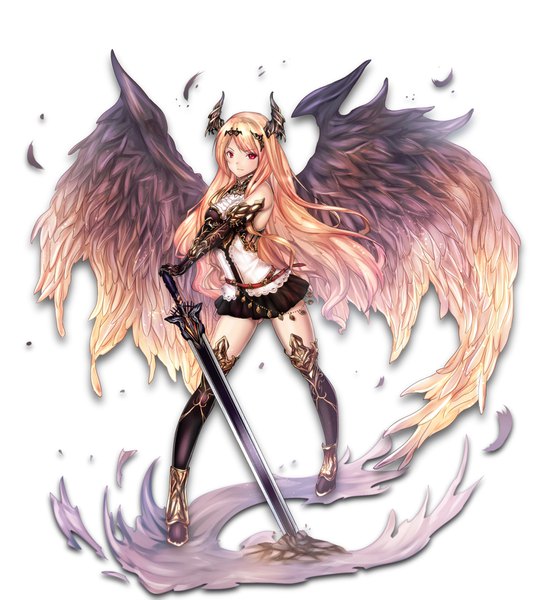 Anime picture 1400x1574 with shingeki no bahamut dark angel olivia untue single long hair tall image looking at viewer blonde hair simple background red eyes standing white background bare shoulders full body pleated skirt horn (horns) ass visible through thighs girl thighhighs skirt