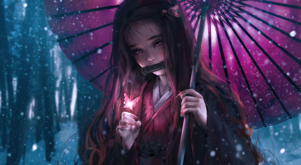 Anime picture 6344x3480 with kimetsu no yaiba ufotable kamado nezuko nixeu single long hair highres black hair wide image holding absurdres upper body outdoors nail polish traditional clothes japanese clothes pink eyes multicolored hair fingernails realistic
