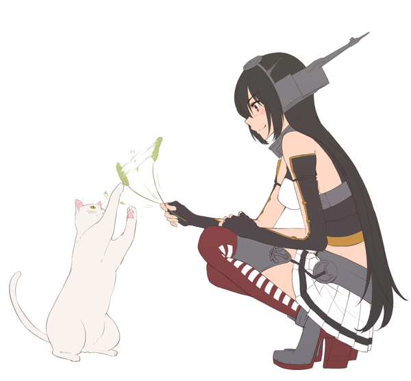 Anime picture 963x895 with kantai collection nagato battleship kyara36 long hair blush fringe black hair simple background smile red eyes white background yellow eyes tail animal tail profile cat tail game thighhighs gloves animal