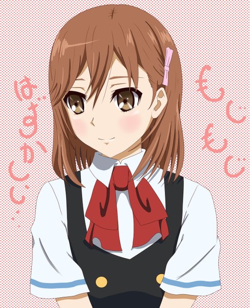 Anime picture 2328x2864 with another p.a. works ogura yumi tagme (artist) single tall image blush highres short hair simple background smile brown hair brown eyes hieroglyph polka dot polka dot background girl uniform hair ornament bow