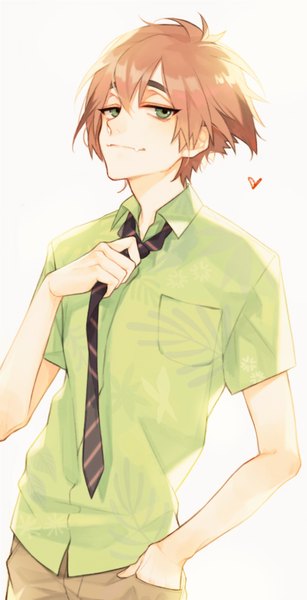 Anime picture 513x1001 with zootopia disney nick wilde satoshi (artist) single tall image looking at viewer fringe short hair simple background smile hair between eyes brown hair white background green eyes fang (fangs) eyebrows hand in pocket smirk adjusting clothes