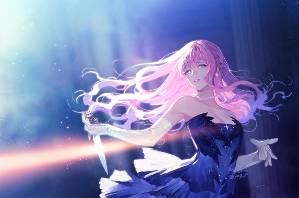 Anime picture 1500x993 with original erjung single looking at viewer fringe breasts standing purple eyes bare shoulders holding signed pink hair cleavage braid (braids) parted lips mole depth of field twitter username floating hair light