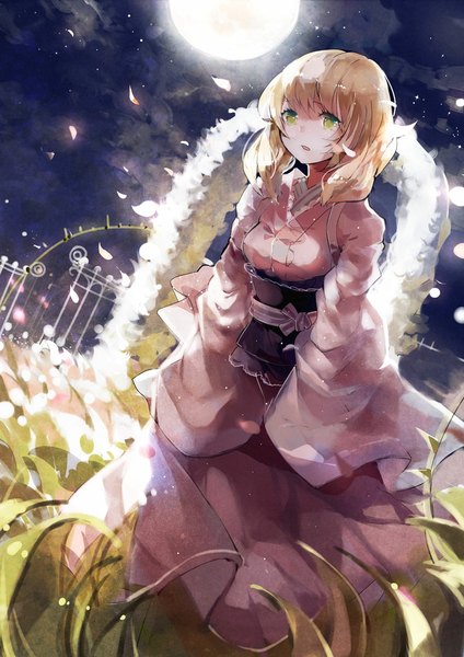 Anime picture 800x1131 with ao no exorcist a-1 pictures moriyama shiemi susu (artist) single tall image short hair open mouth blonde hair green eyes looking away long sleeves traditional clothes japanese clothes wind night girl petals kimono moon