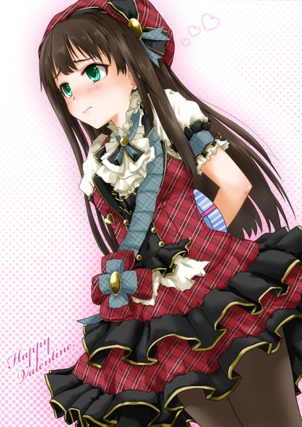 Anime picture 860x1214 with idolmaster idolmaster cinderella girls shibuya rin kanata ryou (artist) single long hair tall image blush black hair green eyes valentine pure valentine girl dress frills beret gift