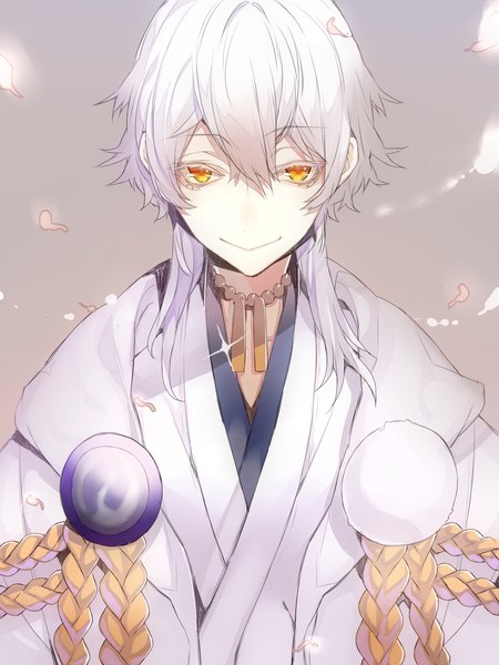 Anime picture 1000x1333 with touken ranbu nitroplus tsurumaru kuninaga hachizowo single long hair tall image looking at viewer fringe simple background smile hair between eyes yellow eyes silver hair upper body traditional clothes japanese clothes grey background boy