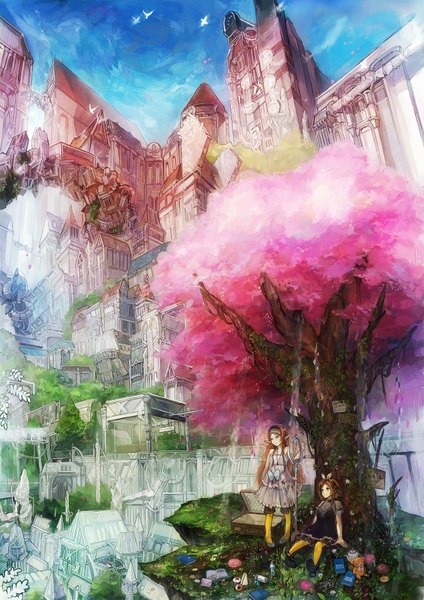Anime picture 1240x1754 with original neyagi long hair tall image short hair brown hair multiple girls green eyes pointy ears cherry blossoms city architecture girl 2 girls plant (plants) animal tree (trees) bird (birds) book (books) building (buildings)