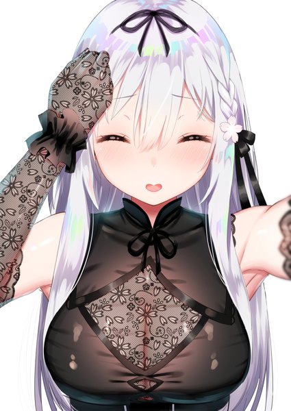 Anime picture 724x1023 with virtual youtuber plivyou kamiki kinu yasuyuki single long hair tall image blush fringe breasts open mouth simple background hair between eyes large breasts white background silver hair upper body braid (braids) eyes closed arms up