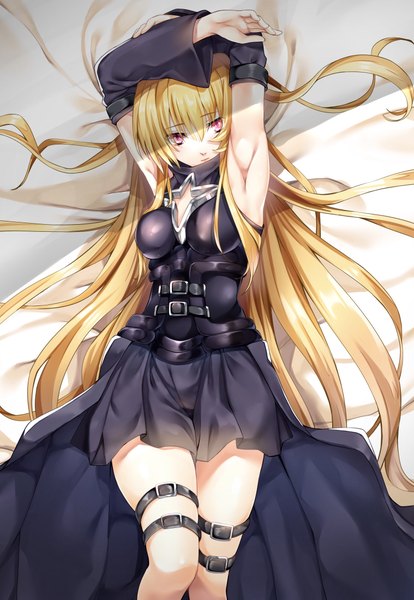 Anime picture 1518x2199 with toloveru toloveru darkness xebec konjiki no yami imo (evekelu-111) single long hair tall image looking at viewer blush fringe light erotic blonde hair hair between eyes red eyes bent knee (knees) lying from above arms up armpit (armpits)