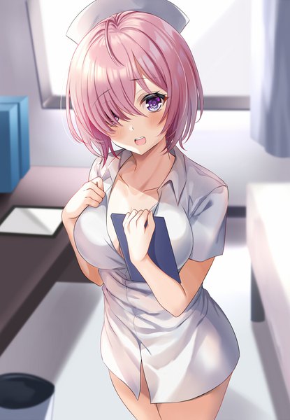 Anime picture 783x1131 with fate (series) fate/grand order mash kyrielight harimoji single tall image looking at viewer blush fringe short hair breasts open mouth light erotic smile large breasts standing purple eyes holding pink hair ahoge
