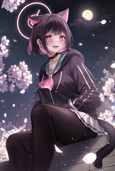 Anime picture 3000x4441 with blue archive kazusa (blue archive) kuca (ku ca18) single tall image looking at viewer blush highres short hair open mouth black hair smile red eyes sitting animal ears bent knee (knees) outdoors :d pleated skirt multicolored hair