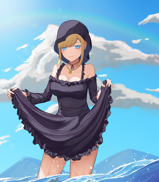 Anime picture 3500x4000 with shinigami bocchan to kuro maid alice (shinigami bocchan to kuro maid) palmito single long hair tall image looking at viewer fringe highres breasts blue eyes blonde hair smile standing bare shoulders payot absurdres sky cleavage cloud (clouds)