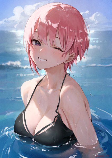 Anime picture 2894x4093 with go-toubun no hanayome nakano ichika sooon single tall image looking at viewer blush fringe highres short hair breasts light erotic smile large breasts purple eyes signed pink hair sky cleavage cloud (clouds)
