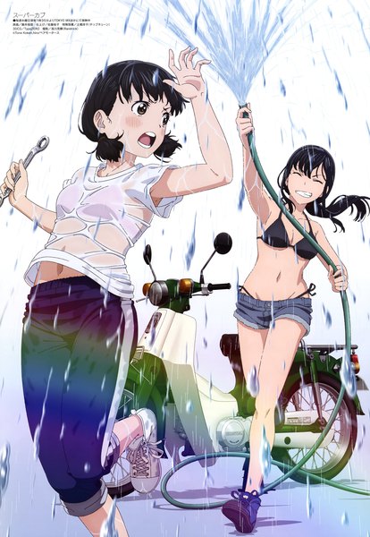 Anime picture 4095x5928 with super cub megami magazine koguma (super cub) reiko (super cub) fujii toshirou long hair tall image highres short hair open mouth light erotic black hair smile twintails multiple girls absurdres eyes closed scan official art bare legs