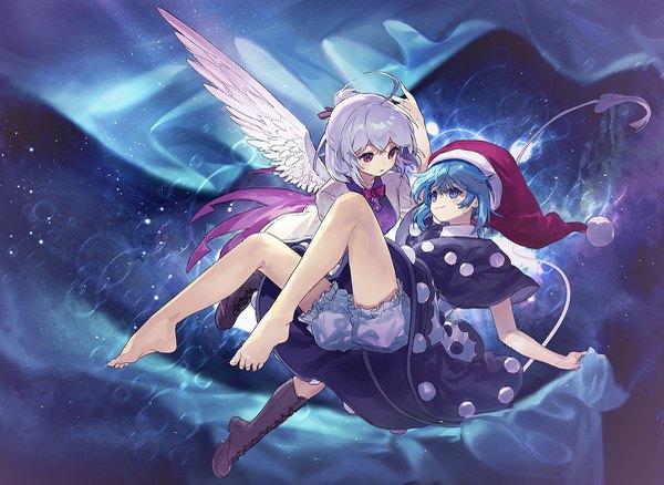 Anime picture 1200x877 with touhou kishin sagume doremy sweet ainy short hair blue eyes purple eyes multiple girls blue hair silver hair full body ahoge tail barefoot light smile shoujo ai half updo eye contact single wing girl