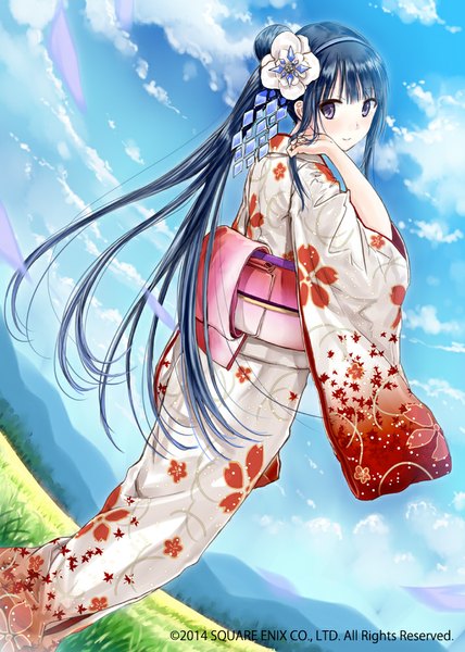 Anime picture 714x1000 with million arthur (series) kaku-san-sei million arthur square enix kazuharu kina single long hair tall image looking at viewer black hair purple eyes sky cloud (clouds) ponytail traditional clothes japanese clothes looking back wide sleeves turning head floral print landscape