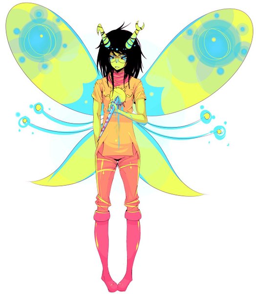 Anime picture 1119x1280 with homestuck vriska serket spazmaggot single tall image short hair blue eyes black hair simple background white background horn (horns) oni horns insect wings butterfly wings girl wings glasses blood thigh boots