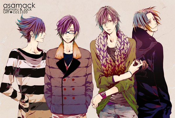 Anime picture 1000x678 with nico nico singer nico nico douga jack (nico nico singer) asamaru (nico nico singer) kate (artist) looking at viewer fringe short hair blue eyes simple background brown hair green eyes blue hair purple hair profile looking back multicolored hair hair over one eye inscription two-tone hair