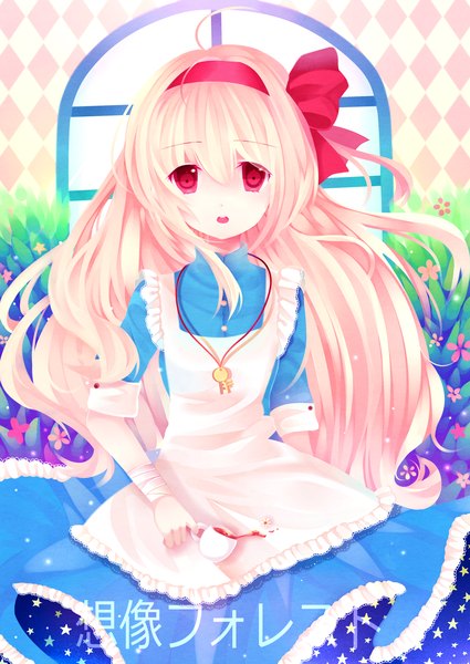 Anime picture 2149x3035 with moseley single long hair tall image looking at viewer highres open mouth blonde hair red eyes girl dress flower (flowers) hairband star (symbol) bandage (bandages) cup key