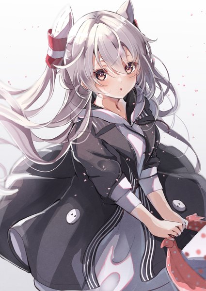 Anime picture 2508x3541 with kantai collection amatsukaze destroyer sa-ya2 single long hair tall image looking at viewer blush fringe highres simple background hair between eyes silver hair from above wind :o two side up official alternate costume girl hood